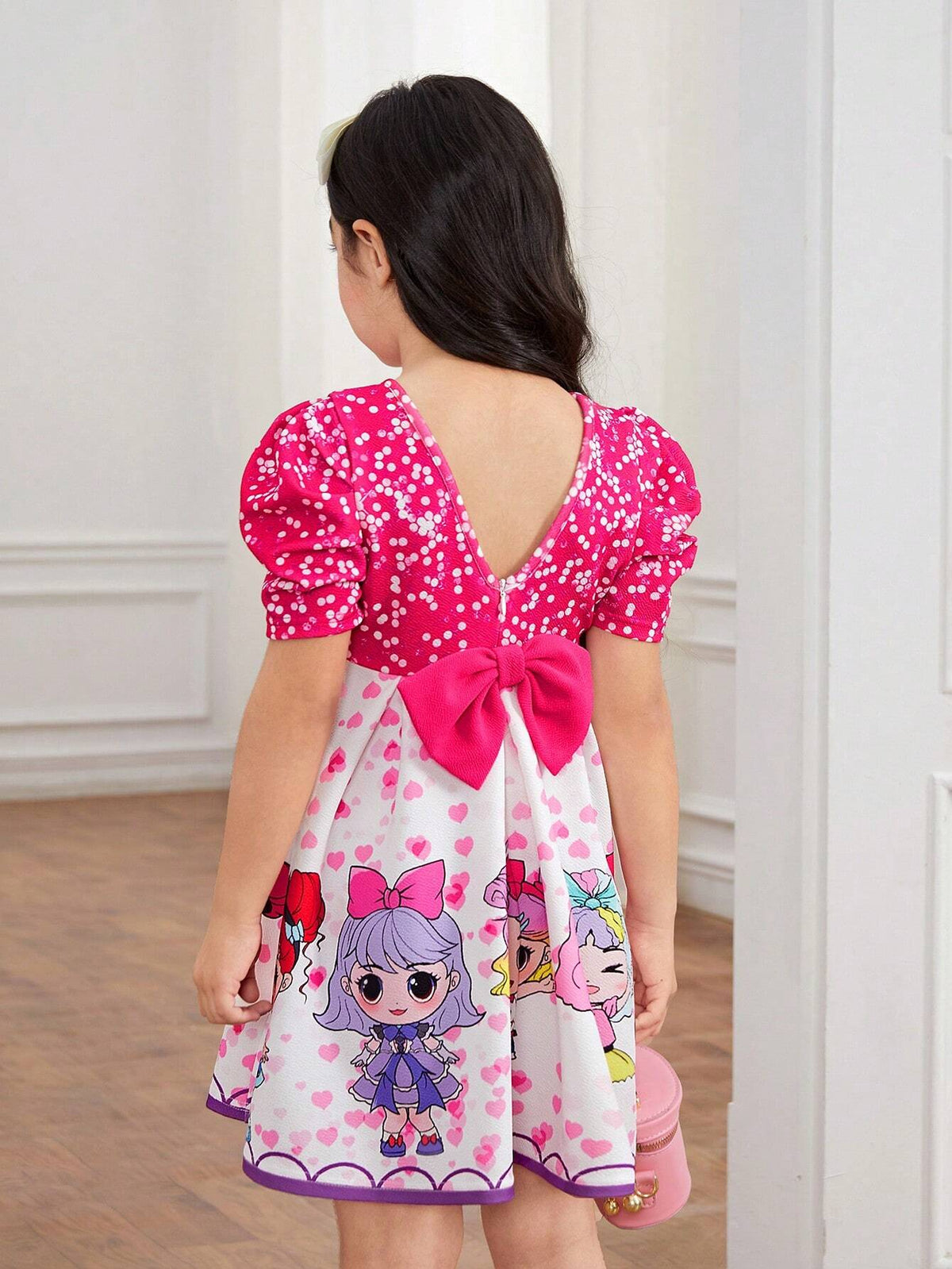 Young Girl Knitted Cute Girl Pattern Round Neck Short Puff Sleeve One-Piece Dress