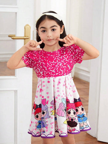 Young Girl Knitted Cute Girl Pattern Round Neck Short Puff Sleeve One-Piece Dress