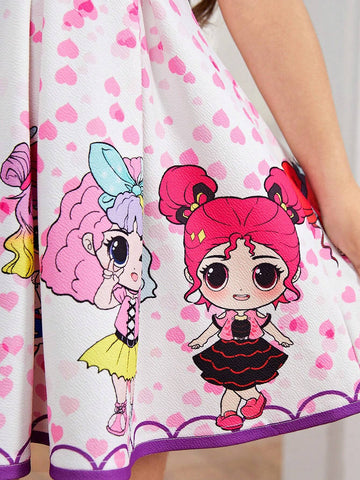 Young Girl Knitted Cute Girl Pattern Round Neck Short Puff Sleeve One-Piece Dress
