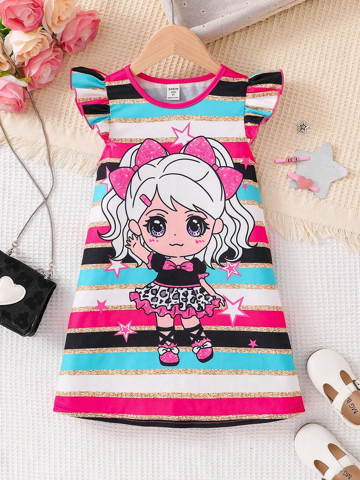 Young Girl Knitted Cute Girl Striped Pattern Round Neck Ruffle Trim Fitted Casual Dress