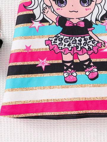 Young Girl Knitted Cute Girl Striped Pattern Round Neck Ruffle Trim Fitted Casual Dress