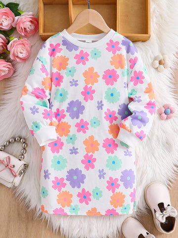 Young Girl Knitted Ditsy Floral Fitted Casual Dress