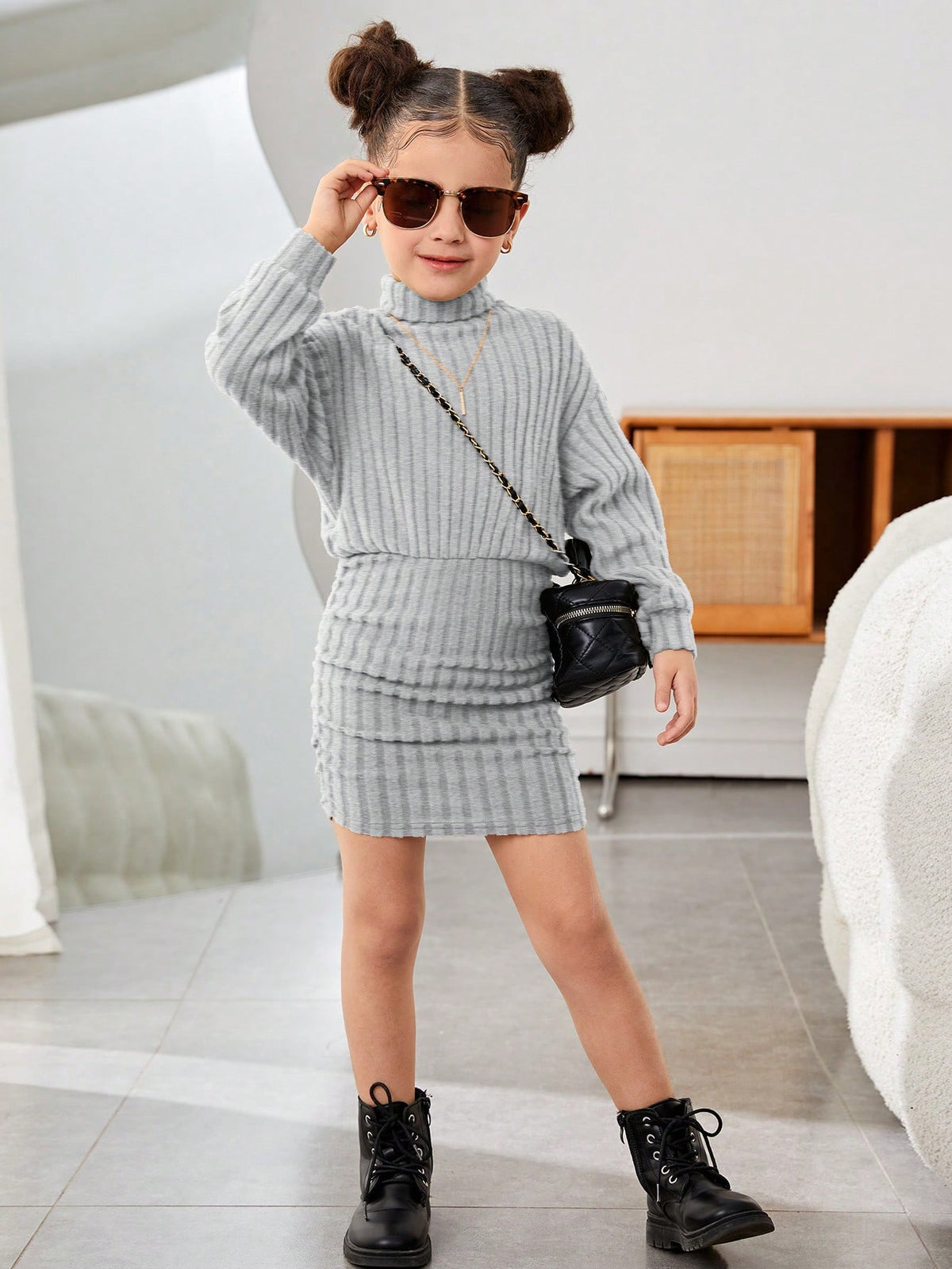 Young Girl Knitted Elegant Solid Color Stand Collar Fitted Casual Dress