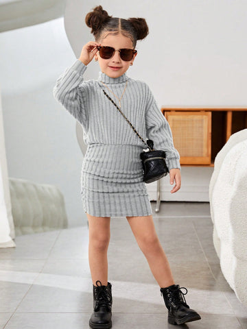 Young Girl Knitted Elegant Solid Color Stand Collar Fitted Casual Dress