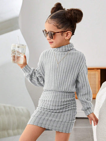 Young Girl Knitted Elegant Solid Color Stand Collar Fitted Casual Dress