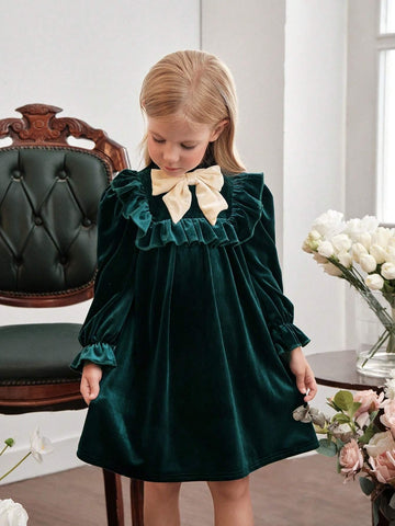 Young Girl Knitted Flocking Small Stand Collar Bow Casual Dress