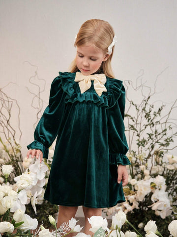 Young Girl Knitted Flocking Small Stand Collar Bow Casual Dress