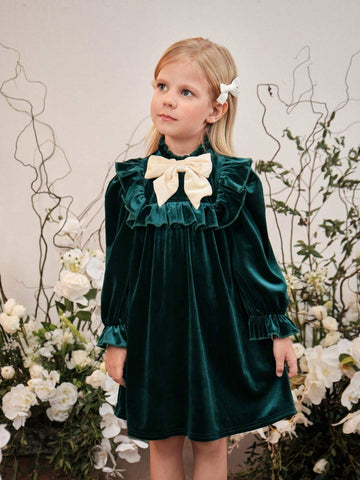 Young Girl Knitted Flocking Small Stand Collar Bow Casual Dress