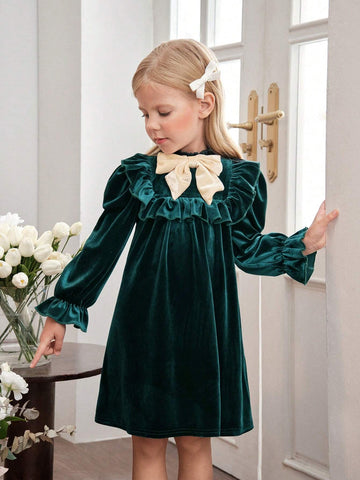 Young Girl Knitted Flocking Small Stand Collar Bow Casual Dress