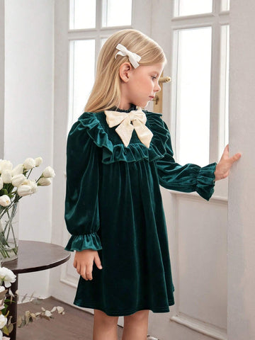 Young Girl Knitted Flocking Small Stand Collar Bow Casual Dress