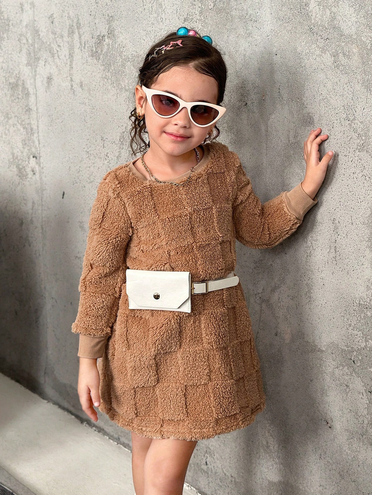 Young Girl Knitted Fluffy Crew Neck Loose Casual Dress