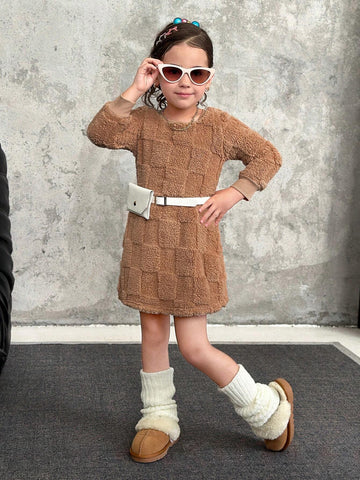 Young Girl Knitted Fluffy Crew Neck Loose Casual Dress