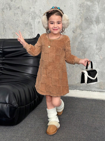 Young Girl Knitted Fluffy Crew Neck Loose Casual Dress