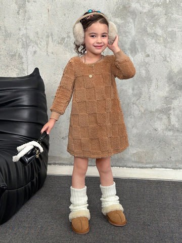 Young Girl Knitted Fluffy Crew Neck Loose Casual Dress