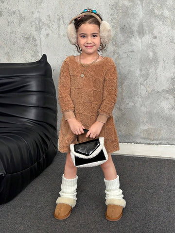 Young Girl Knitted Fluffy Crew Neck Loose Casual Dress