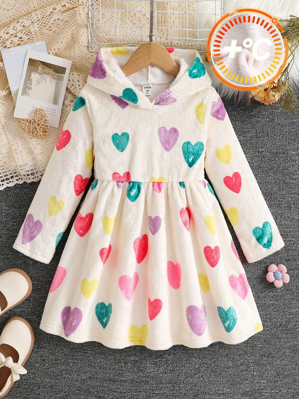 Young Girl Knitted Fuzzy Heart Pattern Loose Casual Dress