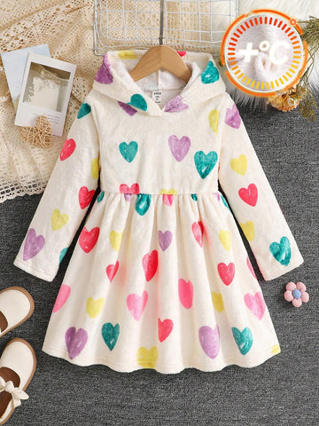 Young Girl Knitted Fuzzy Heart Pattern Loose Casual Dress