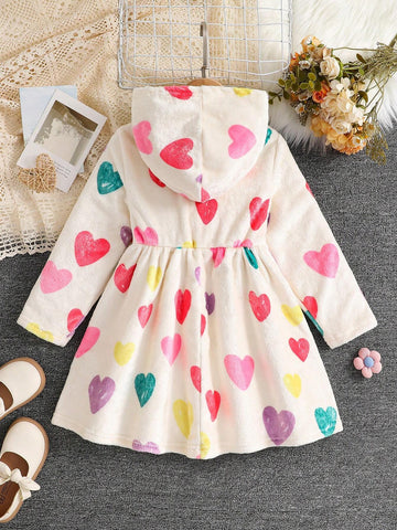 Young Girl Knitted Fuzzy Heart Pattern Loose Casual Dress