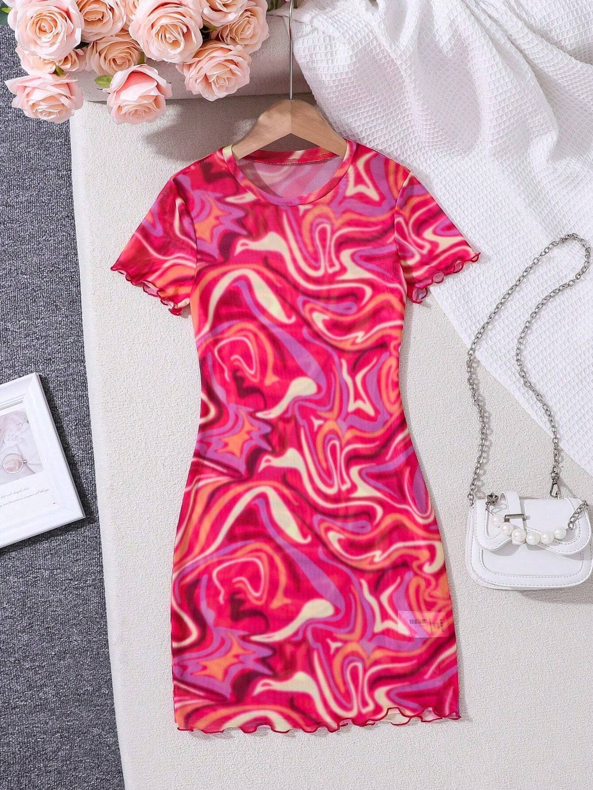 Young Girl Knitted Geometric Pattern Round Neck Short Bodycon Dress