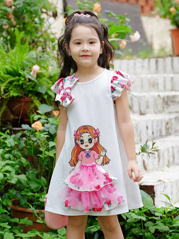 Young Girl Knitted Golden Girl Pattern Round Neck Loose Casual Long Dress With Ruffled Hem