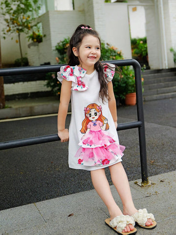 Young Girl Knitted Golden Girl Pattern Round Neck Loose Casual Long Dress With Ruffled Hem