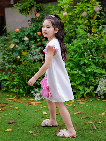 Young Girl Knitted Golden Girl Pattern Round Neck Loose Casual Long Dress With Ruffled Hem