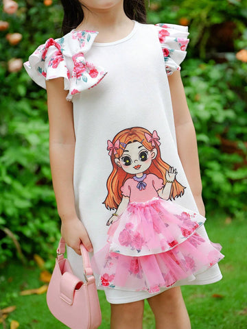 Young Girl Knitted Golden Girl Pattern Round Neck Loose Casual Long Dress With Ruffled Hem