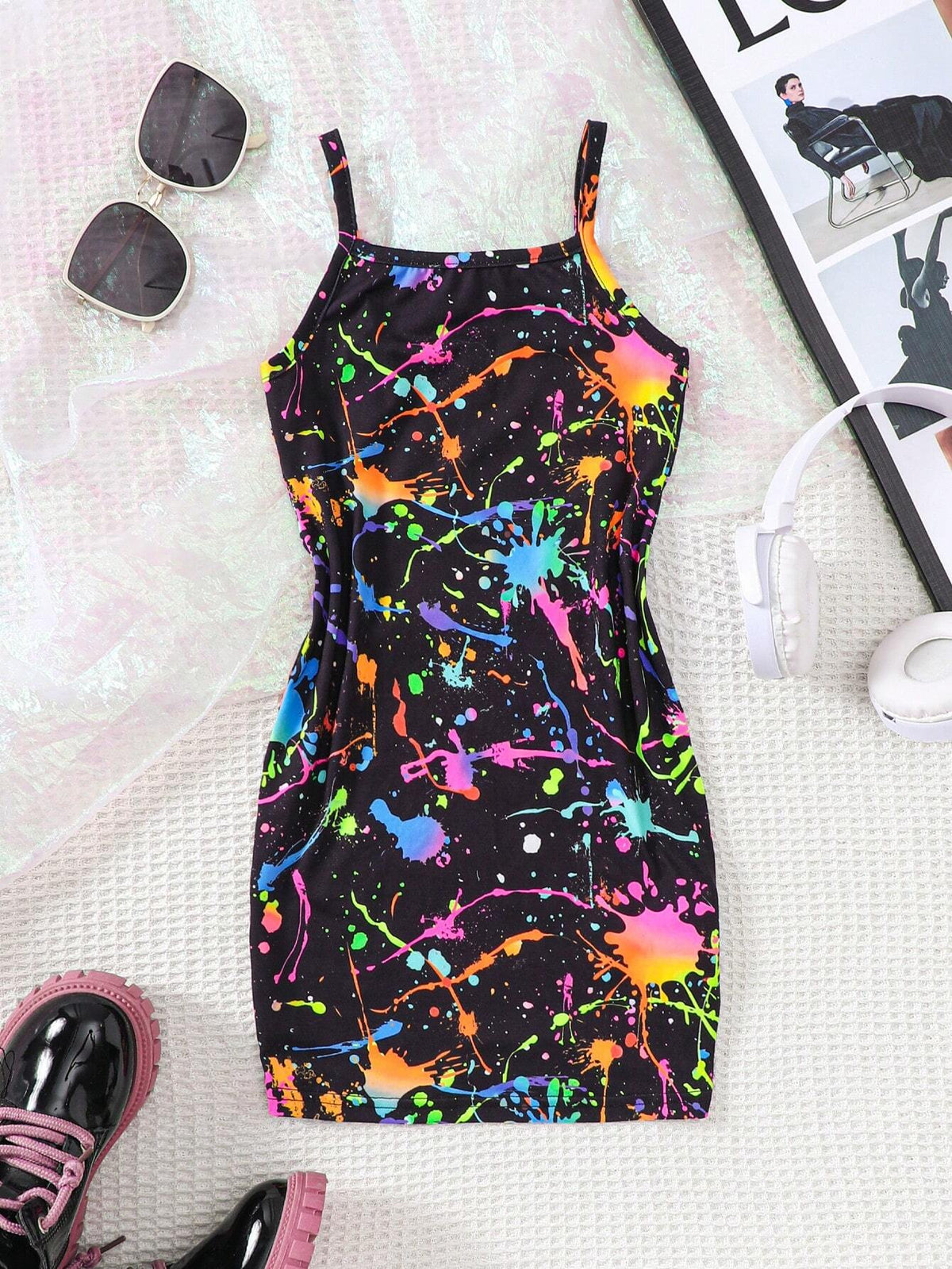 Young Girl Knitted Graffiti Pattern Sleeveless Casual Mini Dress
