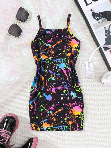 Young Girl Knitted Graffiti Pattern Sleeveless Casual Mini Dress