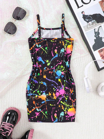 Young Girl Knitted Graffiti Pattern Sleeveless Casual Mini Dress
