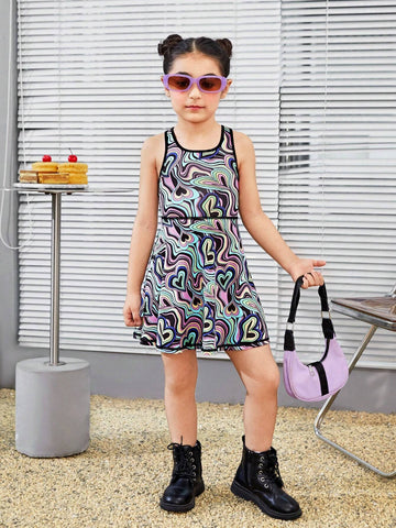 Young Girl Knitted Heart & Geometric Pattern Sleeveless One-Piece Sports Dress