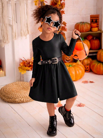Young Girl Knitted High-Stretch PU Leather Bodycon Black Dress