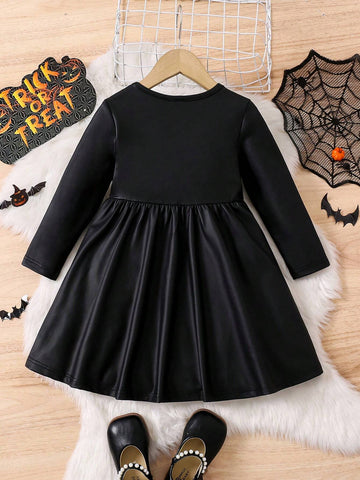 Young Girl Knitted High-Stretch PU Leather Bodycon Black Dress