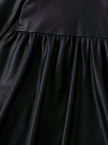 Young Girl Knitted High-Stretch PU Leather Bodycon Black Dress