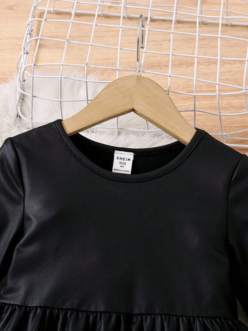 Young Girl Knitted High-Stretch PU Leather Bodycon Black Dress