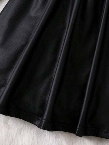 Young Girl Knitted High-Stretch PU Leather Bodycon Black Dress