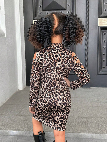 Young Girl Knitted Leopard Print Bodycon Casual Dress