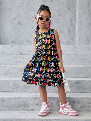 Young Girl Knitted Letter Printed Round Neck Sleeveless Bodycon Casual Dress