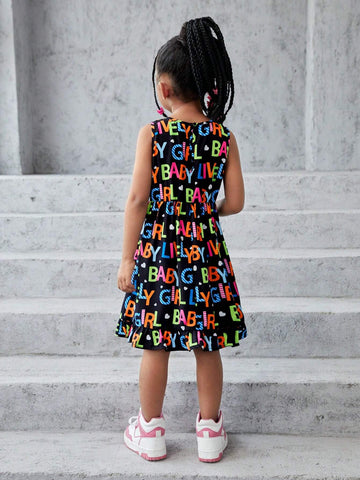 Young Girl Knitted Letter Printed Round Neck Sleeveless Bodycon Casual Dress