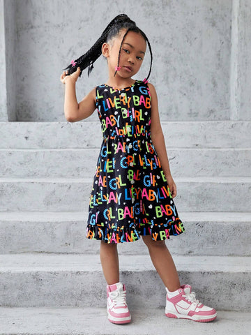 Young Girl Knitted Letter Printed Round Neck Sleeveless Bodycon Casual Dress