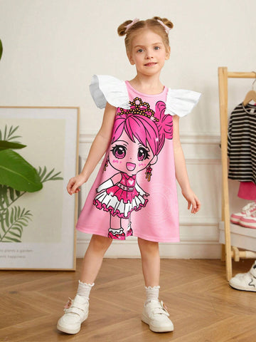 Young Girl Knitted Loose Fit Casual Dress With Round Neck, Floral Print And Ruffle Hem