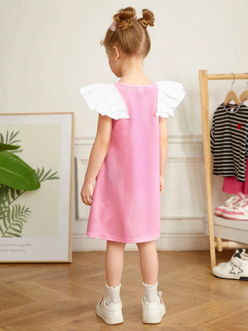 Young Girl Knitted Loose Fit Casual Dress With Round Neck, Floral Print And Ruffle Hem