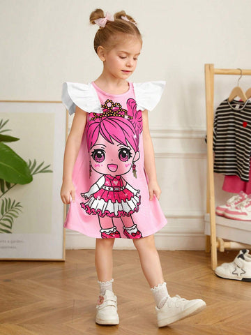 Young Girl Knitted Loose Fit Casual Dress With Round Neck, Floral Print And Ruffle Hem