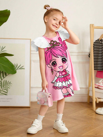 Young Girl Knitted Loose Fit Casual Dress With Round Neck, Floral Print And Ruffle Hem