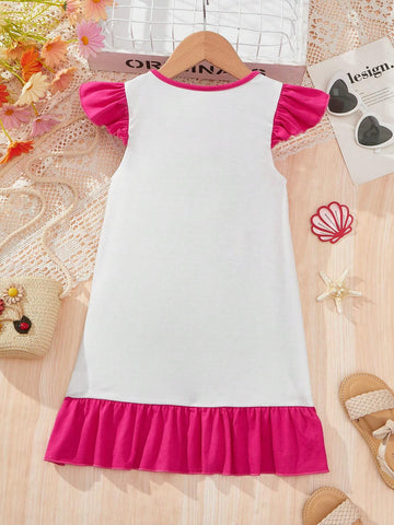 Young Girl Knitted Mermaid Pattern Round Neck Short Flounce Sleeve Loose Casual Dress