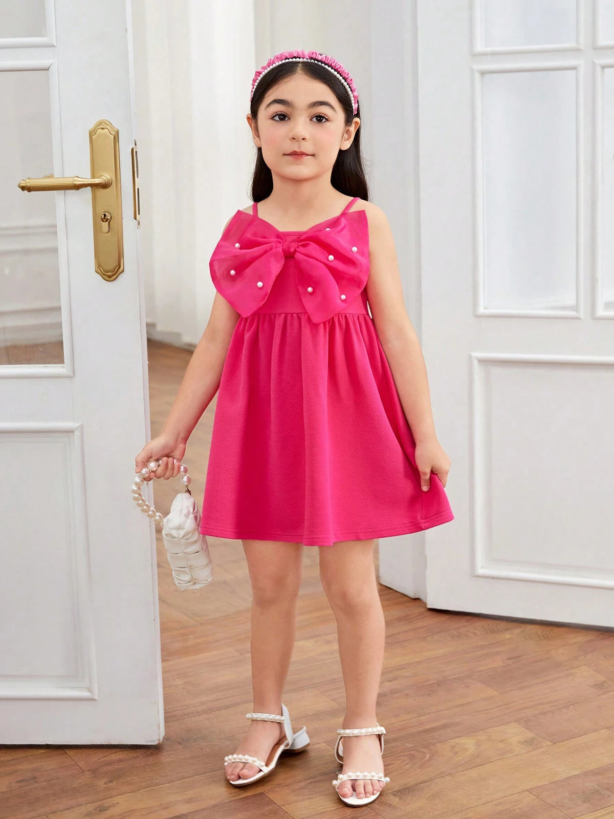 Young Girl Knitted Monochrome Bowknot Integrated Cami Dress