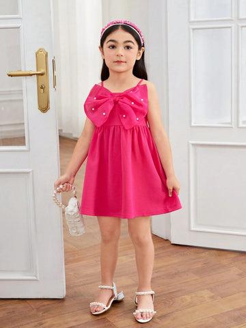 Young Girl Knitted Monochrome Bowknot Integrated Cami Dress