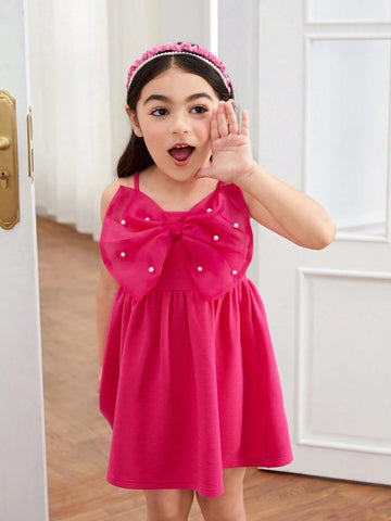 Young Girl Knitted Monochrome Bowknot Integrated Cami Dress