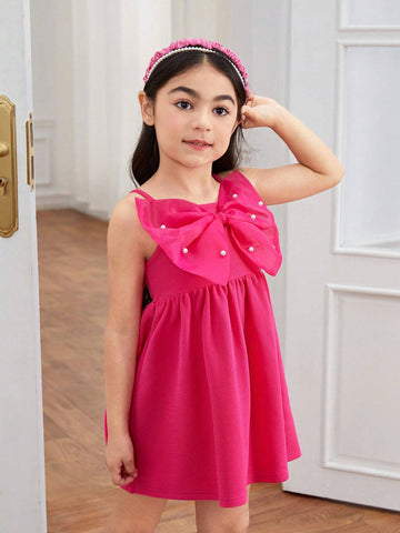 Young Girl Knitted Monochrome Bowknot Integrated Cami Dress