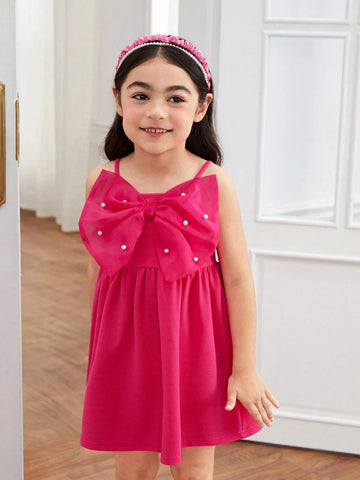 Young Girl Knitted Monochrome Bowknot Integrated Cami Dress